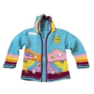 Girls Cardigan Handmade Knit Hooded 6 Sweater Embroidered Colorful Peruvian